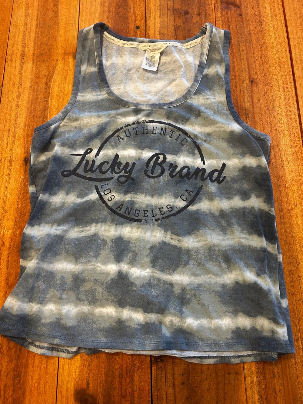 Lucky Brand Blue White Tie Dye Striped Logo Tank Top Size L